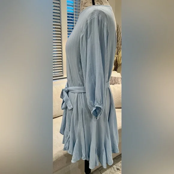 Mittoshop Boho Ruffled Hem Textured Flowy Pastel Blue Long Sleeve Dress Tie - Picture 2 of 16